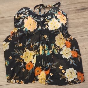 Kona Sol Floral Halter Top - Black, Yellow, and Orange